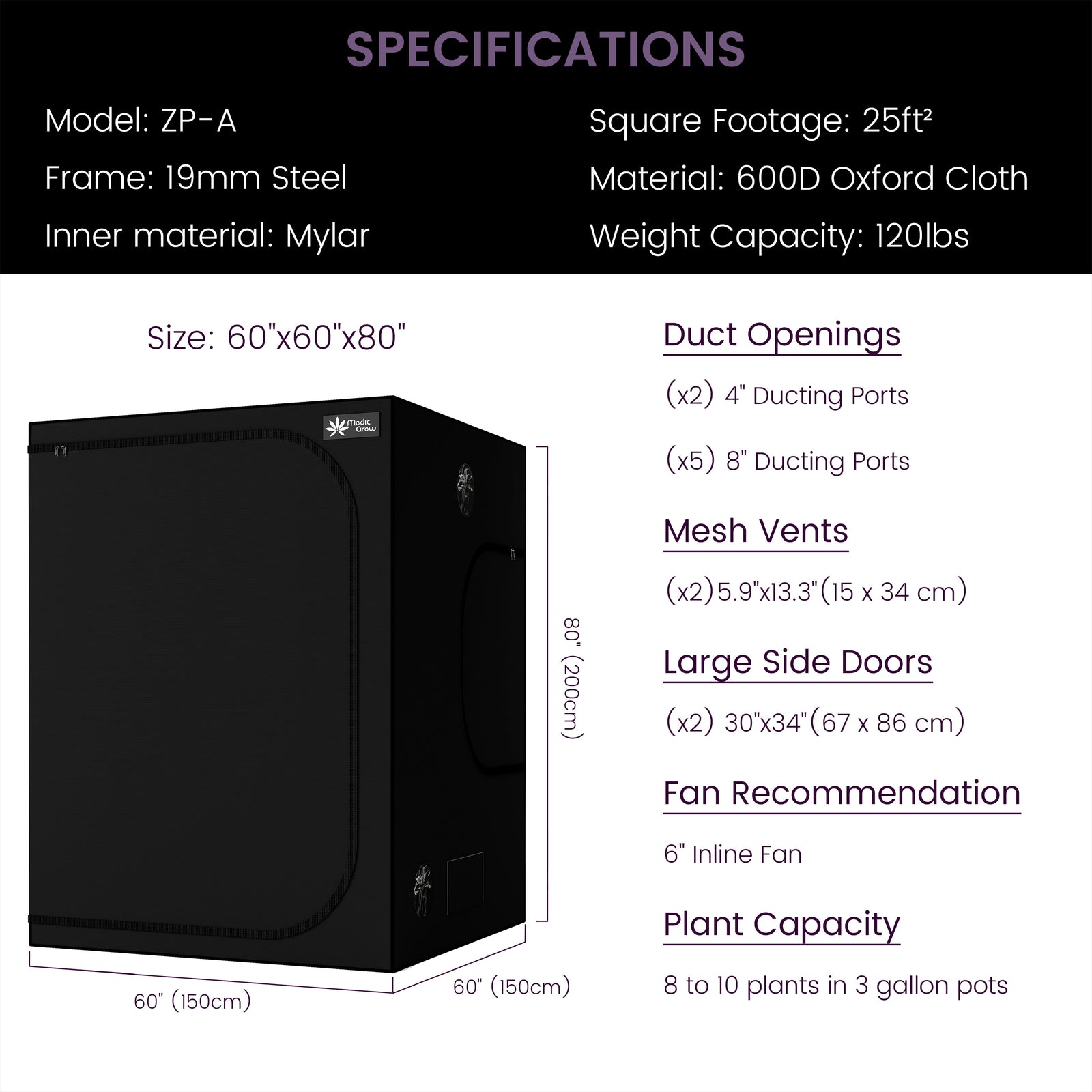 Medic Grow ZP-A 5x5 Growzelt-System 150x150x200cm für den Pflanzenanbau im Innenbereich